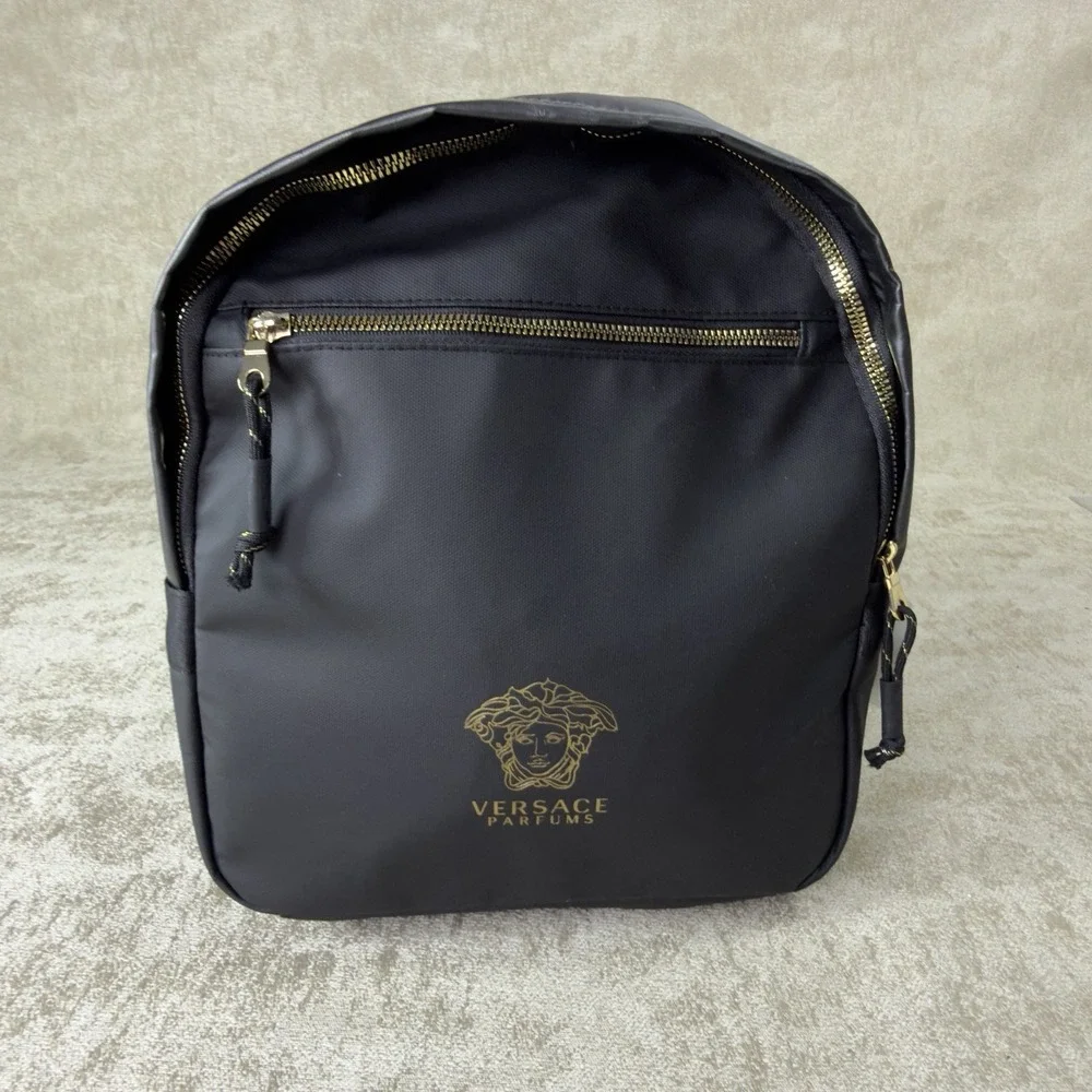 Versace Black Backpack Zip Closure Greek Key Straps Designer Casual Men